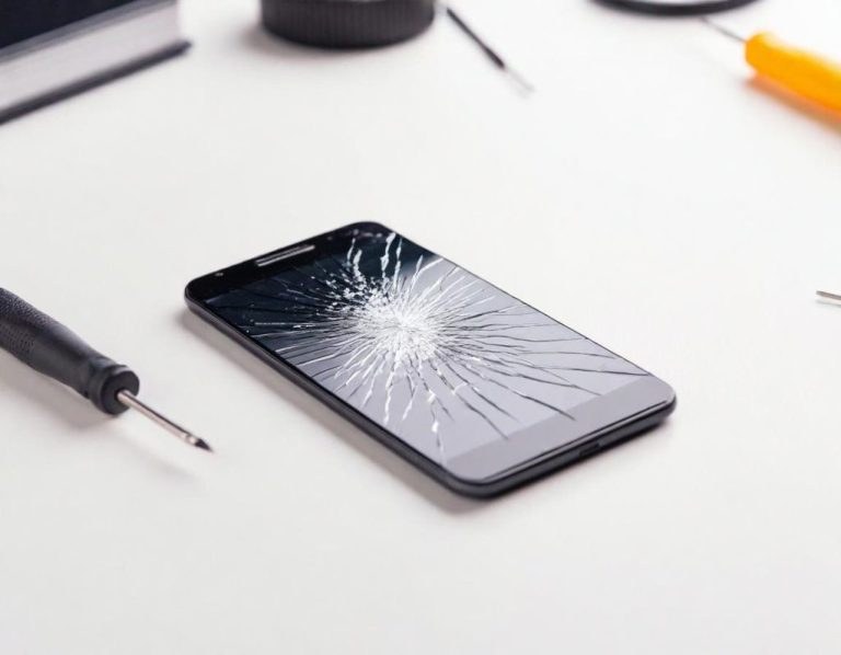 iPhone mit gebrochenem Display neben Reparaturwerkzeugen und Schraubendreher
