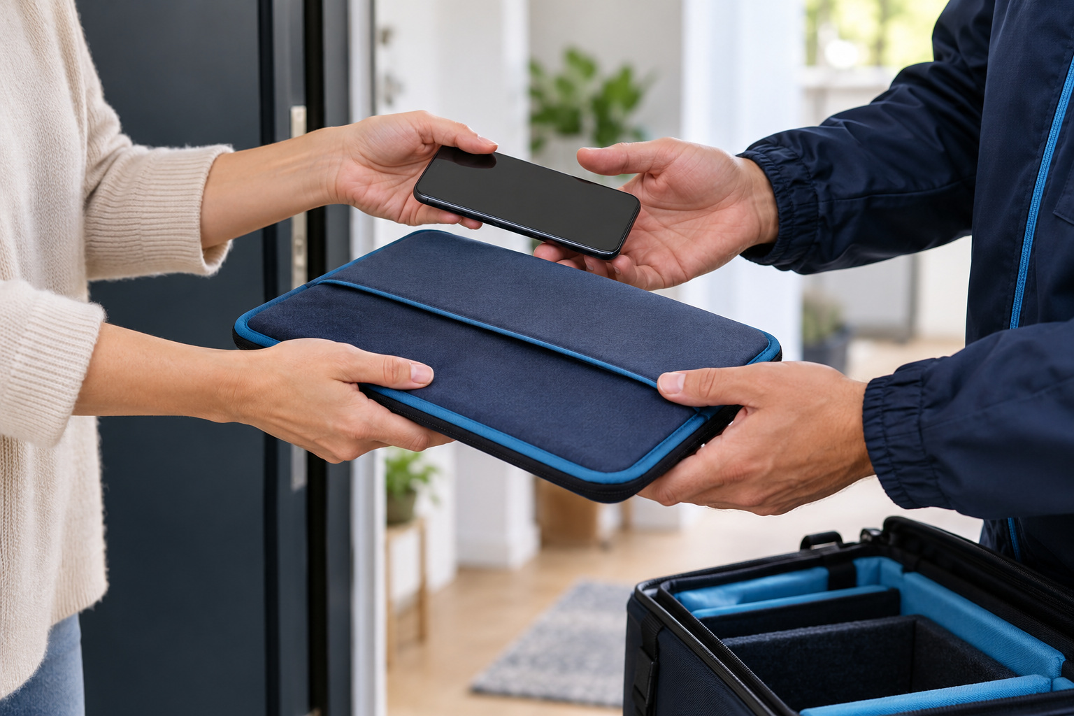 Übergabe eines Tablets beim Abhol- und Bringservice
