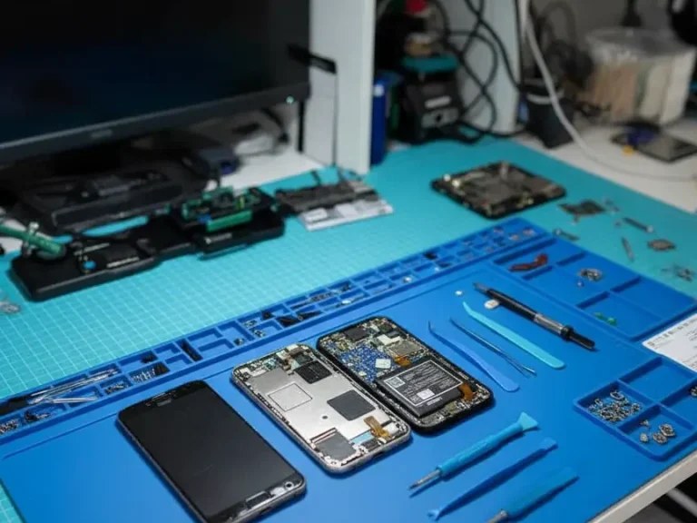 Reparaturwerkstatt mit auseinander genommenen Smartphone-Komponenten auf blauer Werkstattmatte