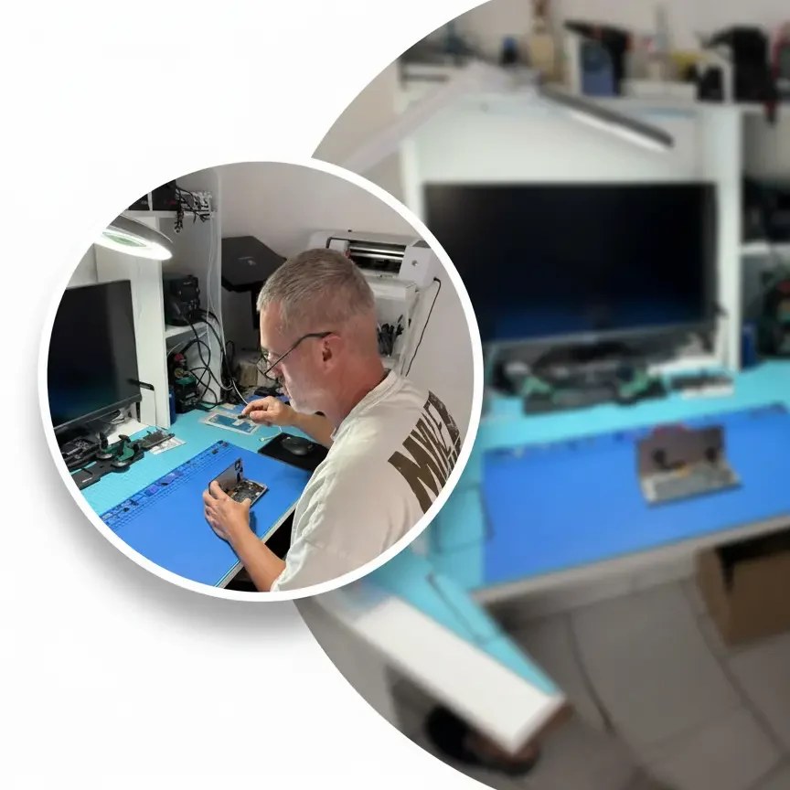 Daniel - Handyreparateur bei Handy-ReparaturService24 repariert Tablet-Display mit Präzisionswerkzeugen