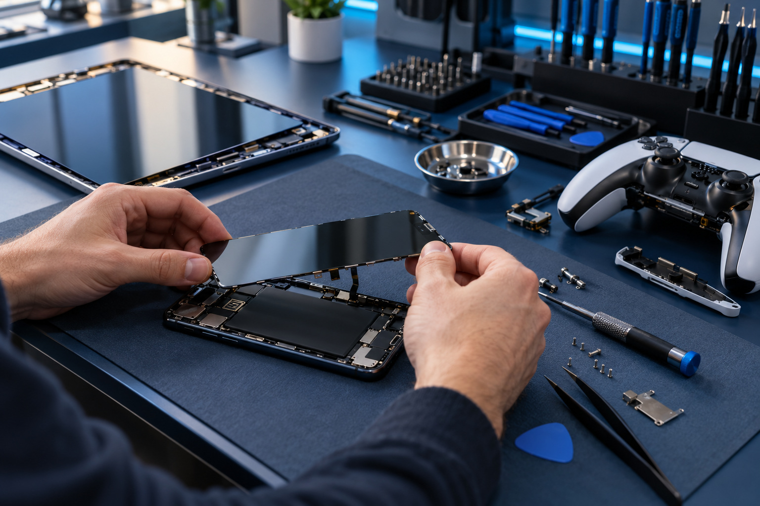Techniker repariert ein Smartphone auf der Werkbank