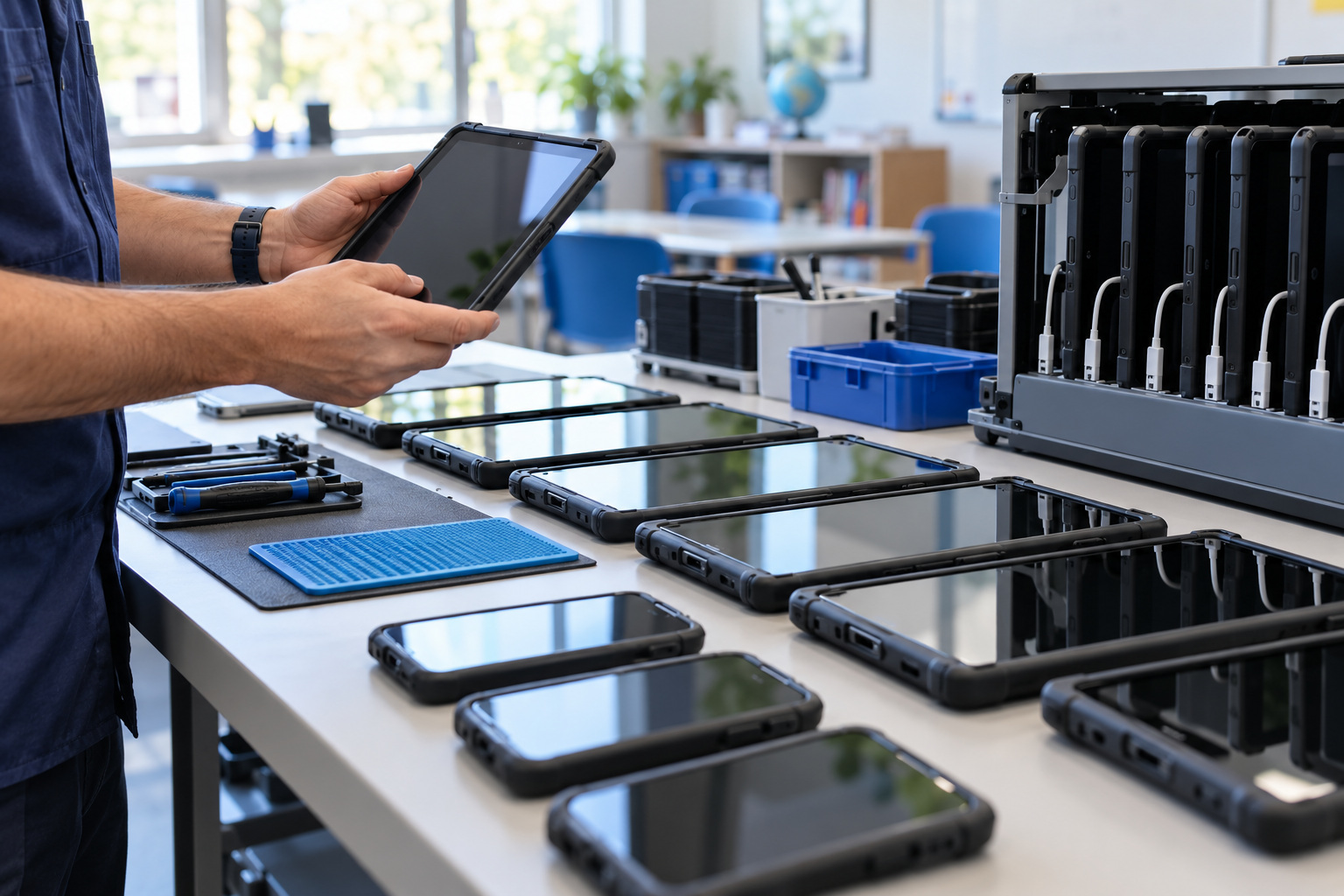 Tablets und Smartphones für Schulen und Unternehmen in der Werkstatt